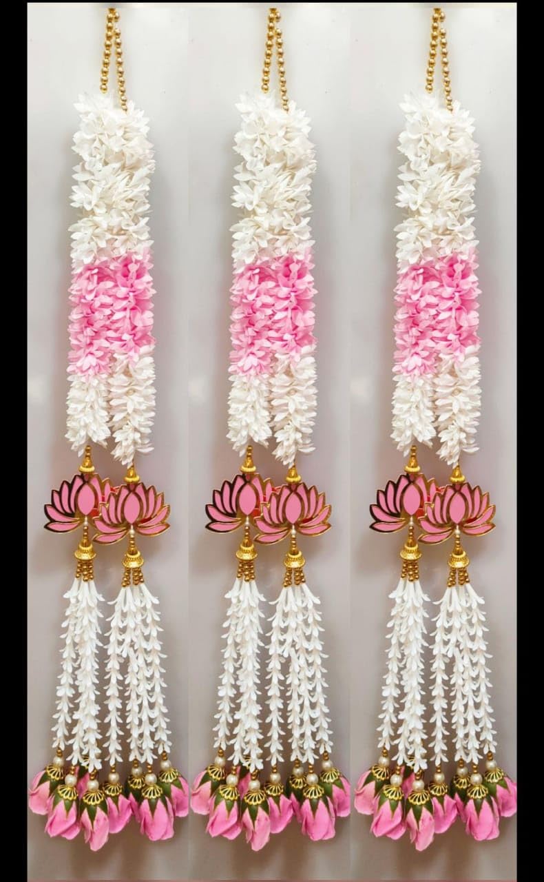 Nutts Lotus Hanging with Paper Gajara for Diwali Decor Home Decor Wall Door Pooja Room Office Backdrop Decorative Items Artificial White Pink Flowers Ladi Rose Buds Pack of 4 