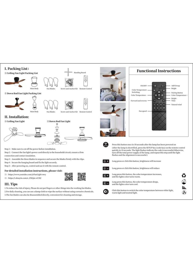 Modern Downrod-Mount Ceiling Fan Light – Ultra-Quiet DC Motor, 6-Speed ​​Control & Stepless Dimming, Reversible Airflow for All Seasons, Walnut-Finish ABS Blades – Smart Fan Light for Bedrooms, Living Rooms, and Studies - Image 2