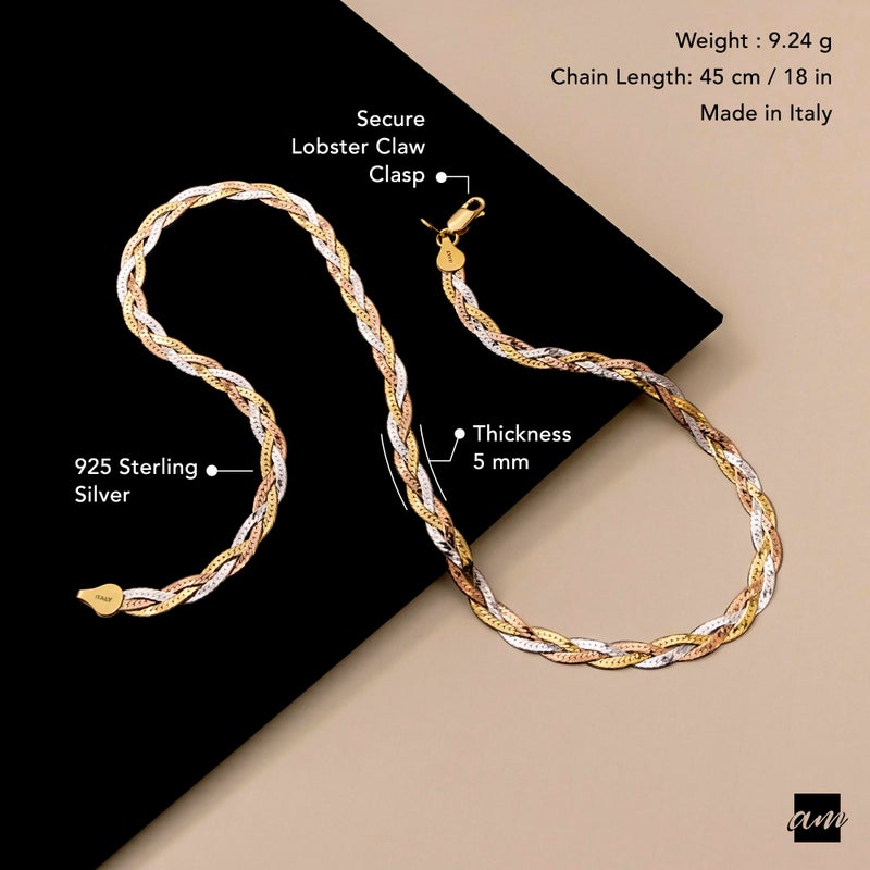 Amberta Women's 925 Sterling Silver Braided Herringbone Chain Necklace (Length 18 inch): Multicoloured - Image 5