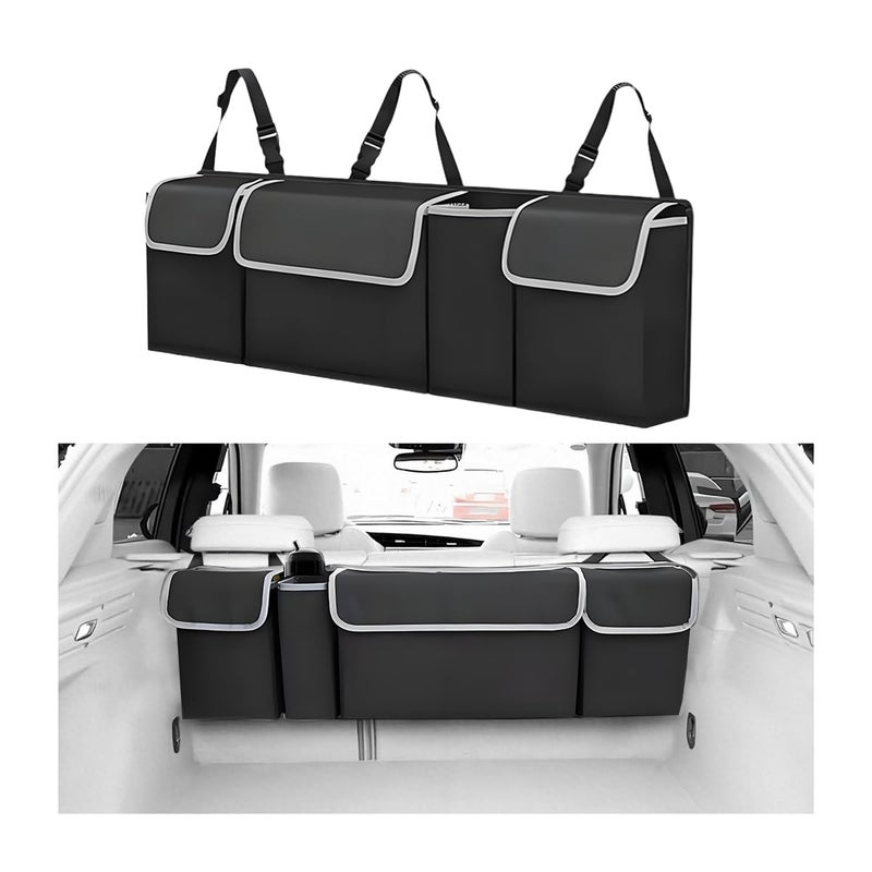 Ywdiml Car Trunk Organizer with Lid Large Waterproof Vehicle Backseat Hanging Storage Bag with 4 Pockets Adjustable Straps Collapsible Automotive Interior Cargo Bag Universal Fit Black - Image 3