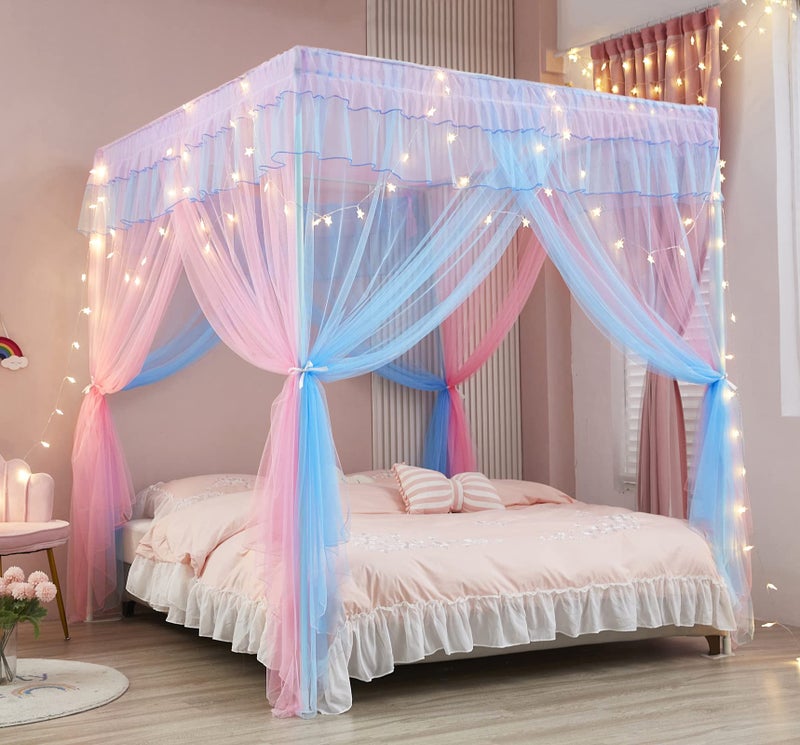 Mengersi Rainbow Canopy Bed Curtains with Lights - Princess Bed Canopy for Girls - Bed Drapes Netting- Bedroom Decoration Accessories,Queen - Image 5