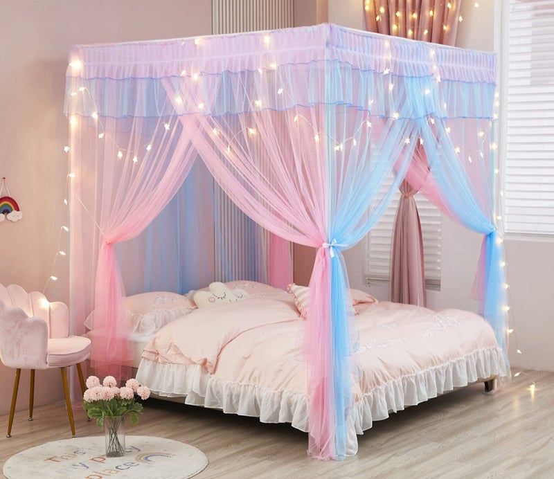 Mengersi Rainbow Canopy Bed Curtains with Lights - Princess Bed Canopy for Girls - Bed Drapes Netting- Bedroom Decoration Accessories,Queen - Image 3