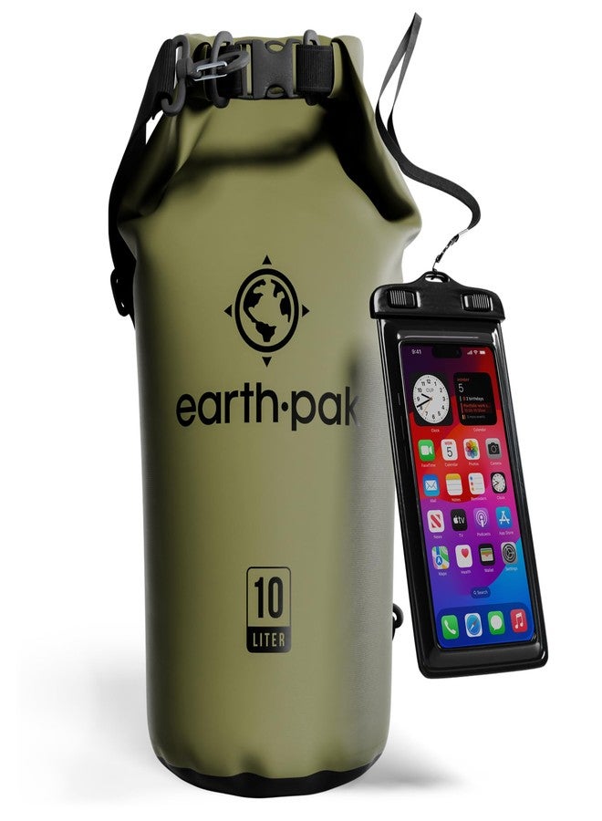 Earth Pak حقيبة إيرث باك الجافة المقاومة للماء - حقيبة ضغط جافة قابلة للطي تحافظ على جفاف المعدات أثناء ركوب القوارب والمشي لمسافات طويلة والتخييم وصيد الأسماك مع حافظة هاتف مقاومة للماء (أخضر، 10 لتر) - Image 1