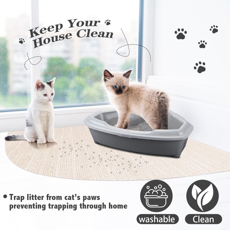 Tinideya 2 Pcs Corner Cat Litter Mat 29 Inch for Corner Machine Washable Litter Mat Ridged Design Fan Shaped Absorbent Cat Litter Rug for Box Less Waste Space(Beige White) - Image 3
