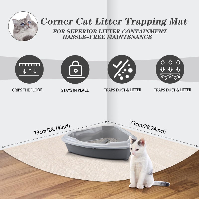 Tinideya 2 Pcs Corner Cat Litter Mat 29 Inch for Corner Machine Washable Litter Mat Ridged Design Fan Shaped Absorbent Cat Litter Rug for Box Less Waste Space(Beige White) - Image 2