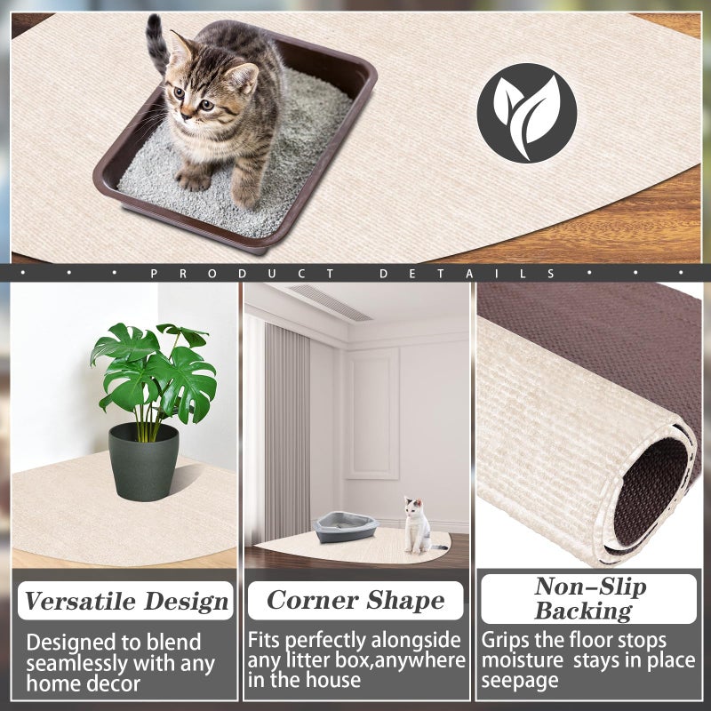 Tinideya 2 Pcs Corner Cat Litter Mat 29 Inch for Corner Machine Washable Litter Mat Ridged Design Fan Shaped Absorbent Cat Litter Rug for Box Less Waste Space(Beige White) - Image 4