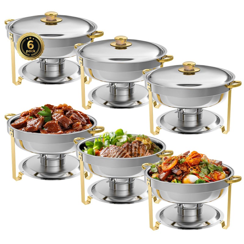 IMACONE Chafing Dish Buffet Set of 6 5QT Round Stainless Steel Chafer for Catering Upgraded Chafers and Buffet Warmer Sets wFood Water Pan Lid Gold Frame Fuel Holder for Party Wedding Holiday