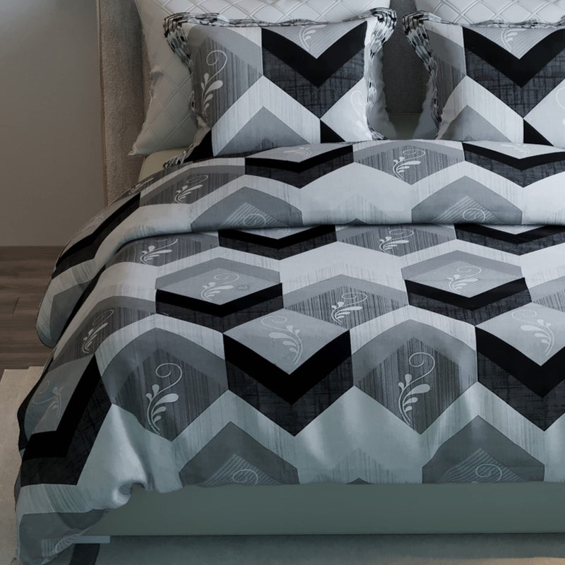 LABHAM® Retro 180TC Pure Cotton Black, White & Grey Double Bedsheet with 2 Pillow Covers (01) - Image 1