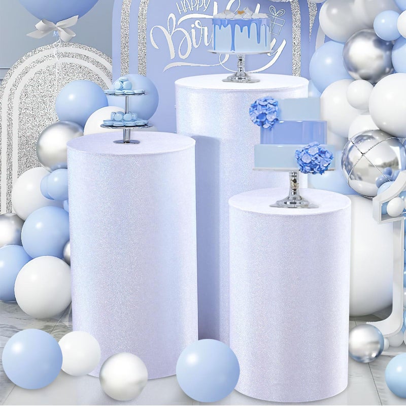 QueenDream Glitter Pedestal Stand Covers for Party 3Pcs Silver White Cylinder Pillars Plinth Display Box Stand Cover for Wedding Baby Shower Decor
