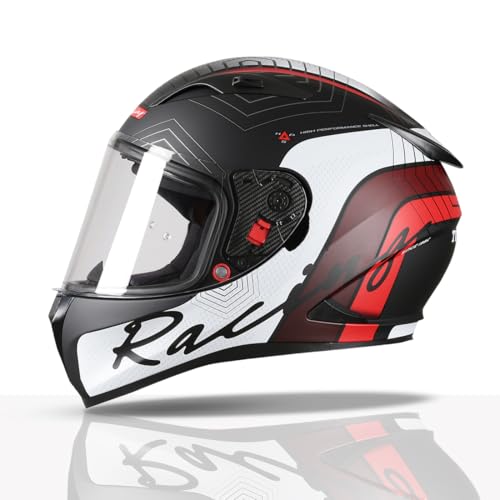 TVS Racing Helmet for Men � Anti-Fog Pin-Lock, Aerodynamic Design & DOT/ISI/ECE Certified � Premium Bike Helmet with Secure Fastening (Red & White - XL) - Image 1