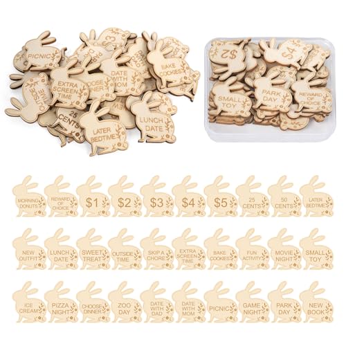 Hedeey Easter Egg Fillers30 Pack Wooden Easter Egg Tokens for KidsEaster Basket StuffersEaster Reward Tokens with 30 Different Engraved SayingsEaster Eggs Filled Activity for Kids Teens Girls BoysBunny - Image 1