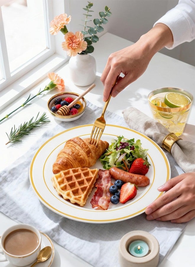 bUCLA 150PCS Gold Plastic Dinnerware Set Disposable - 25 Guests Heavy Duty Gold Plastic Plates Disposable Include 25 Dinner Plates,25 Dessert Plates,25 Forks,25 Knives,25 Spoons&25 Cups for Party - Image 5