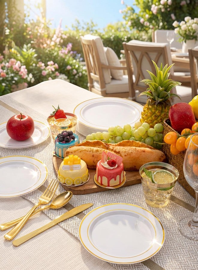 bUCLA 150PCS Gold Plastic Dinnerware Set Disposable - 25 Guests Heavy Duty Gold Plastic Plates Disposable Include 25 Dinner Plates,25 Dessert Plates,25 Forks,25 Knives,25 Spoons&25 Cups for Party - Image 3