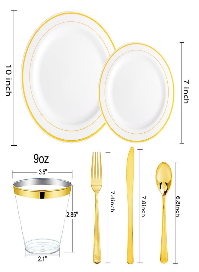 bUCLA 150PCS Gold Plastic Dinnerware Set Disposable - 25 Guests Heavy Duty Gold Plastic Plates Disposable Include 25 Dinner Plates,25 Dessert Plates,25 Forks,25 Knives,25 Spoons&25 Cups for Party - Image 2