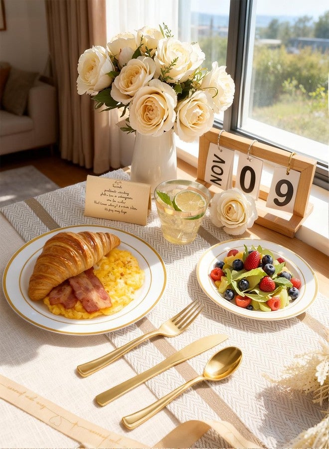 bUCLA 150PCS Gold Plastic Dinnerware Set Disposable - 25 Guests Heavy Duty Gold Plastic Plates Disposable Include 25 Dinner Plates,25 Dessert Plates,25 Forks,25 Knives,25 Spoons&25 Cups for Party - Image 4
