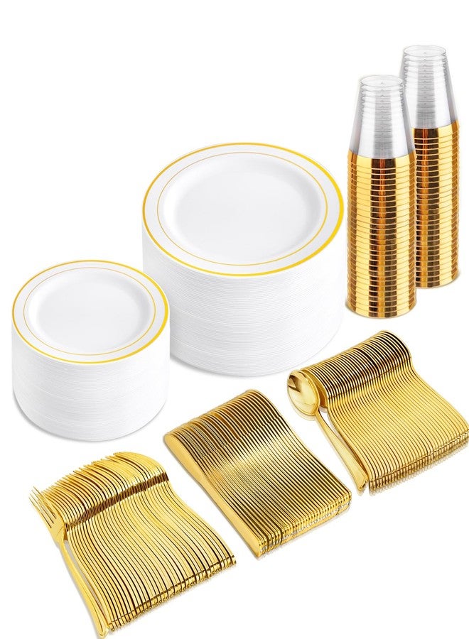bUCLA 150PCS Gold Plastic Dinnerware Set Disposable - 25 Guests Heavy Duty Gold Plastic Plates Disposable Include 25 Dinner Plates,25 Dessert Plates,25 Forks,25 Knives,25 Spoons&25 Cups for Party - Image 1
