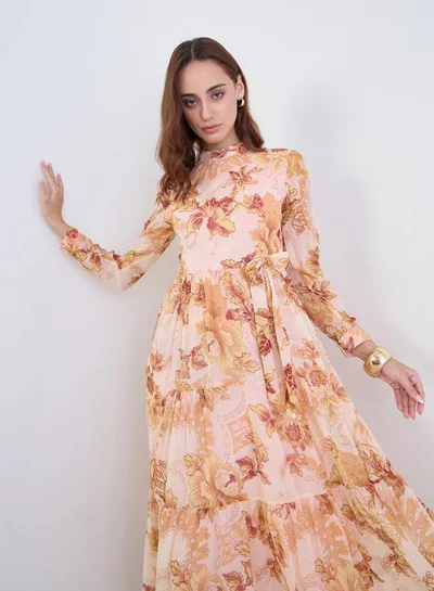 Styli Beige All-Over Print Tiered Maxi Dress