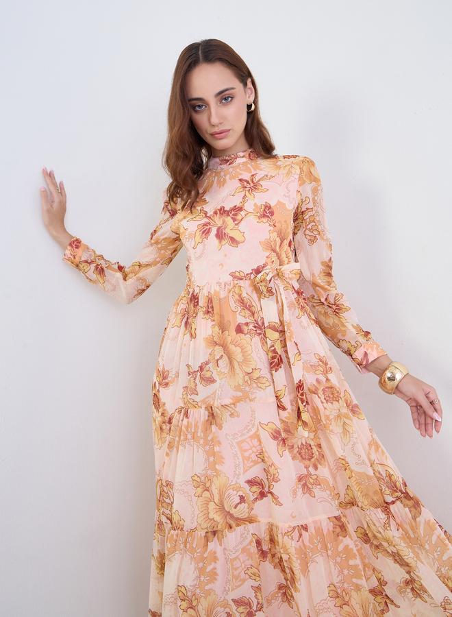 Styli Beige All-Over Print Tiered Maxi Dress - Image 1