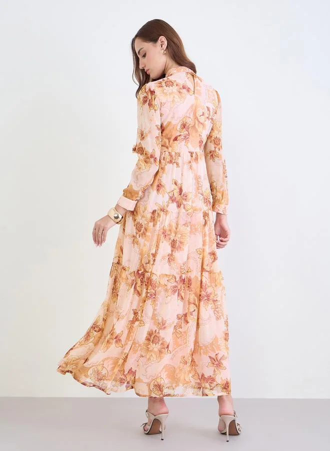 Styli Beige All-Over Print Tiered Maxi Dress
