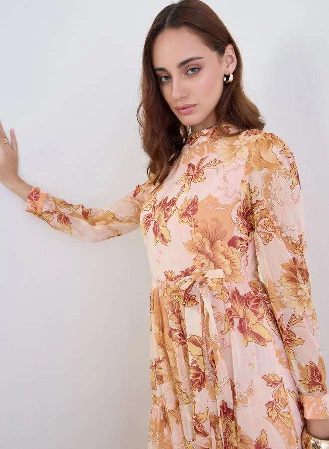 Styli Beige All-Over Print Tiered Maxi Dress