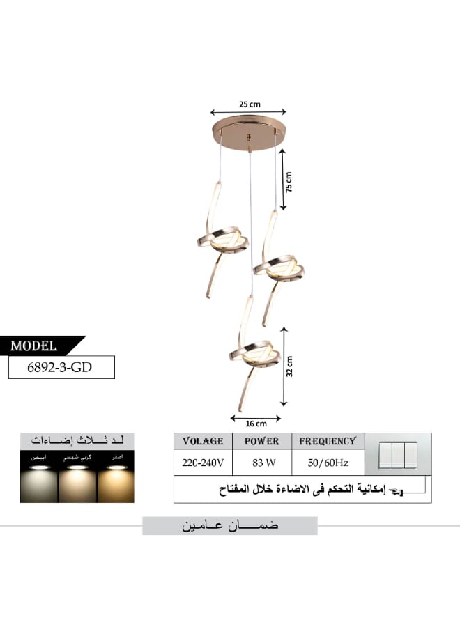 Best Power Modern LED Ceiling Chandelier 6892-3 - 3 Lighting Modes, 83W, Adjustable Length 75cm, Elegant Pendant Light for Living Room, Dining Room, and Bedroom - Image 3