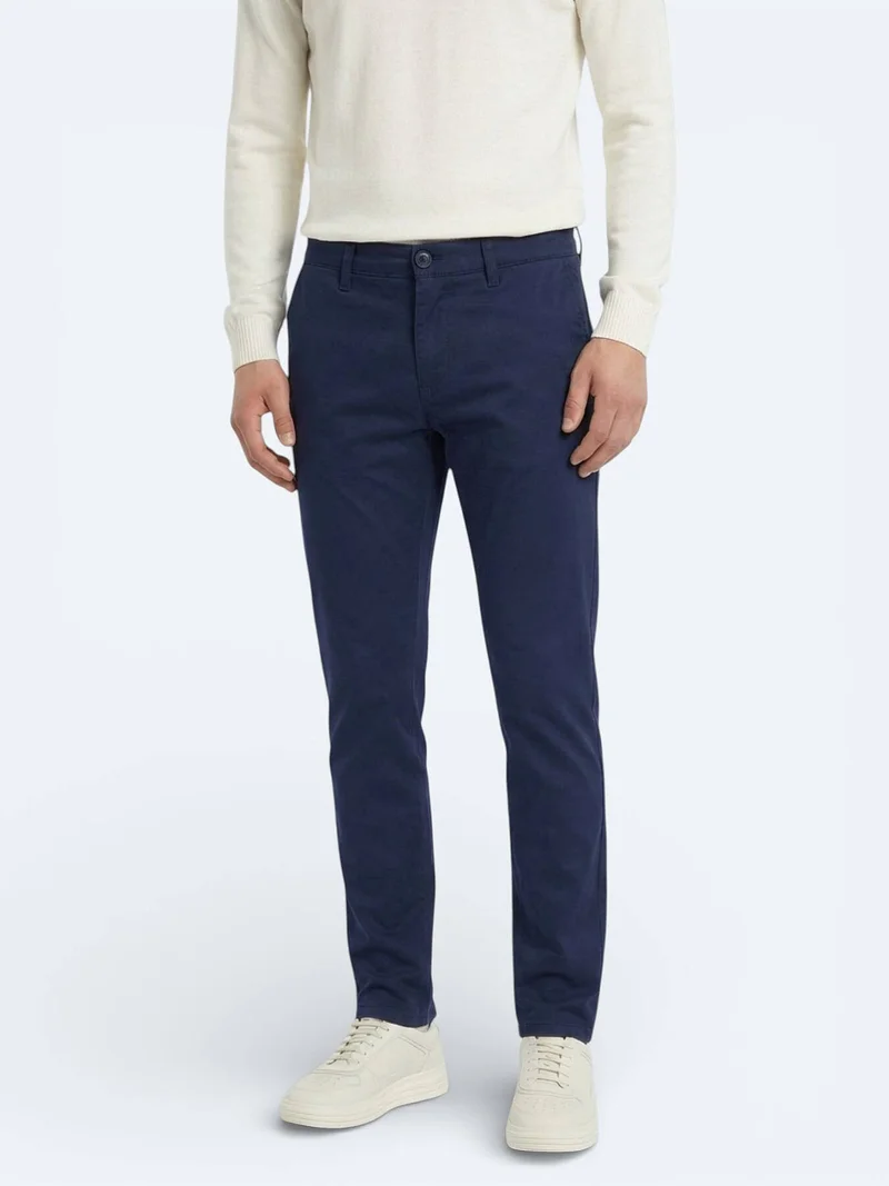 Kip Night Blue Weaving Slim Fit Casual Cotton Blended Trousers