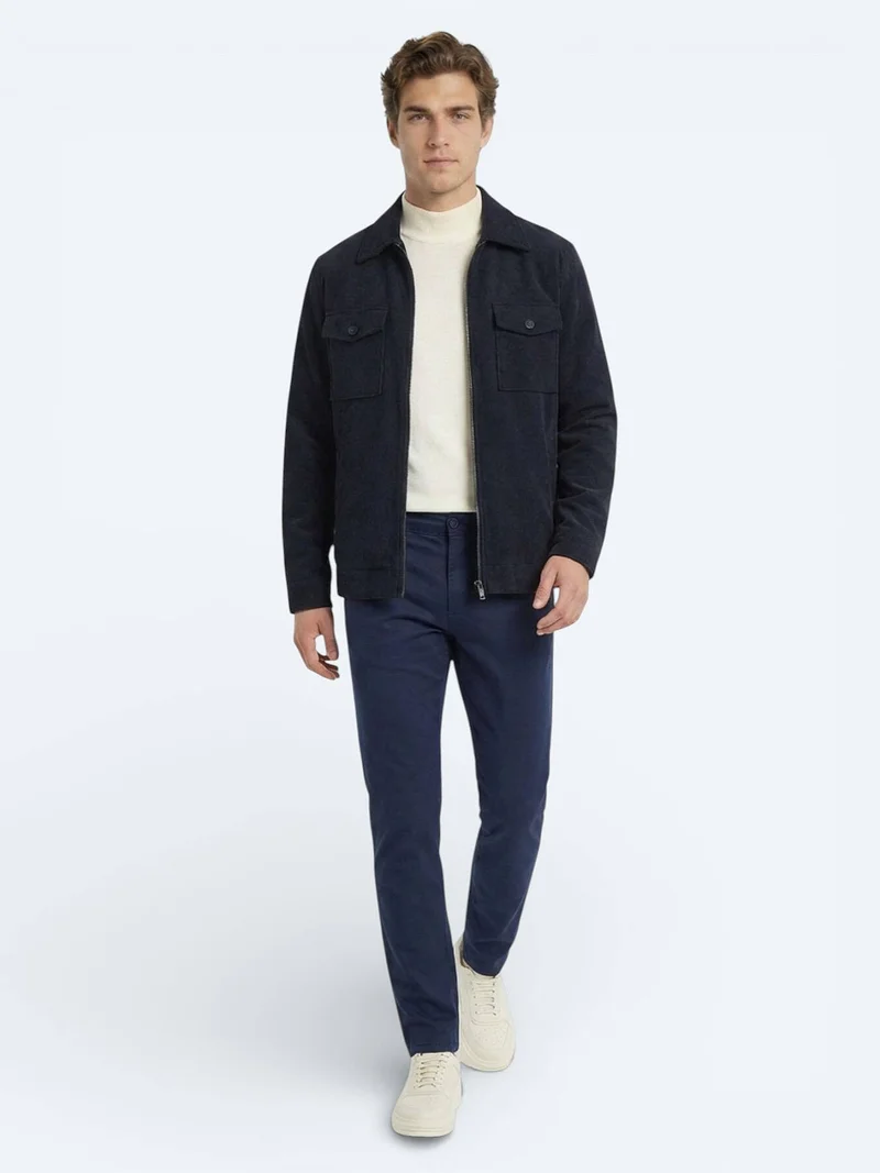 Kip Night Blue Weaving Slim Fit Casual Cotton Blended Trousers