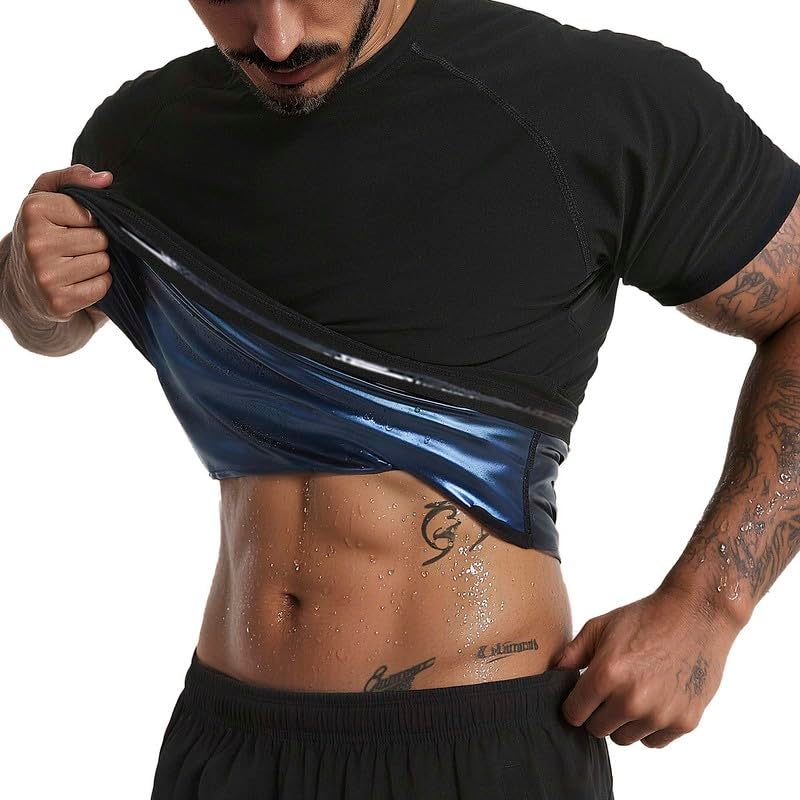 FEVOHOT Sauna Shirt for Men Short Sleeve Compression Sweat Suit Loss Body Shaper T-Shirt Heat Trapping Workout Gym Exercise(BK L) - Image 1