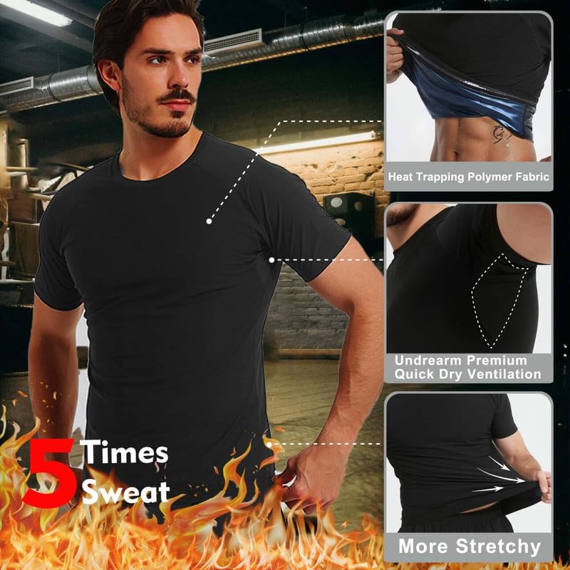 FEVOHOT Sauna Shirt for Men Short Sleeve Compression Sweat Suit Loss Body Shaper T-Shirt Heat Trapping Workout Gym Exercise(BK L) - Image 3