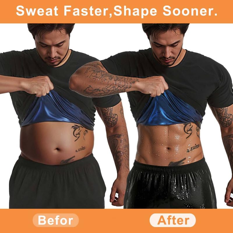 FEVOHOT Sauna Shirt for Men Short Sleeve Compression Sweat Suit Loss Body Shaper T-Shirt Heat Trapping Workout Gym Exercise(BK L) - Image 2