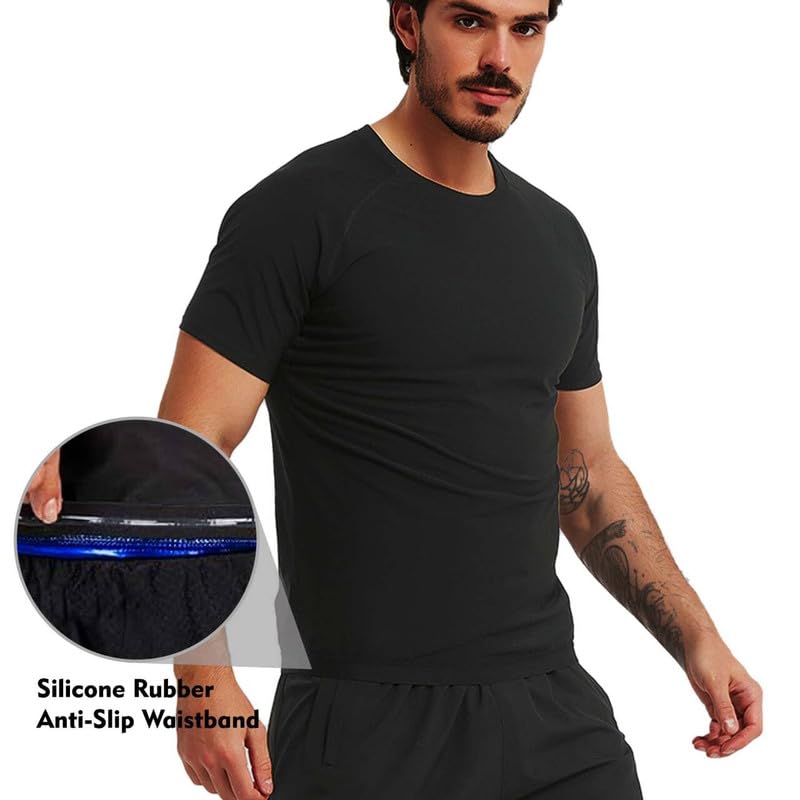 FEVOHOT Sauna Shirt for Men Short Sleeve Compression Sweat Suit Loss Body Shaper T-Shirt Heat Trapping Workout Gym Exercise(BK L) - Image 5