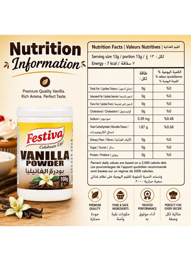 Festiva Vanilla Powder 100g - Flavoring Powder for Cakes, Cookies, Desserts and Baking Recipes - Sweet Vanilla Flavor - Image 2