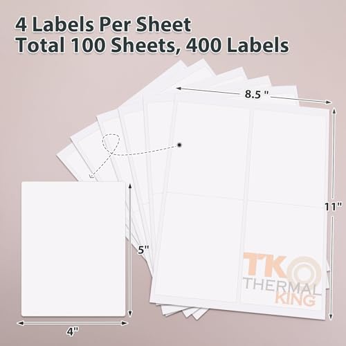 TK Thermal King 4" x 5" 100 Sheets Permanent Adhesive White Blank Shipping 400 Labels for Laser & Inkjet Printers (4 Labels/Sheet) - Image 2