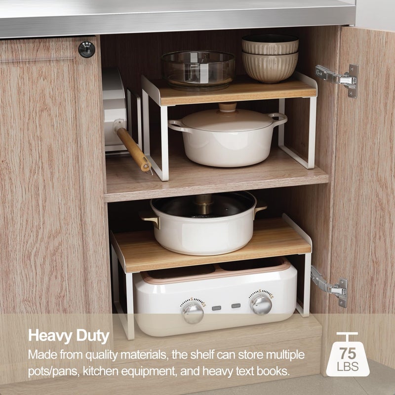 Mitus Shelf Organizer and Storage, Tiered Wood Cabinet Rack for The Kitchen Counter, Bathroom Counter, Pantry Cupboard, Office Desk Bookshelf, 16" Wide Natural and White (Large) - Image 5