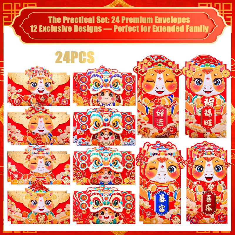 AIERSA Chinese Red Envelope for Money Gift, 2026 Year of the Horse Hongbao 24PCS with Gold Glitter, Lunar New Year & Chinese New Year Lucky Money Envelopes - Image 2