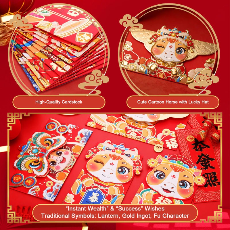 AIERSA Chinese Red Envelope for Money Gift, 2026 Year of the Horse Hongbao 24PCS with Gold Glitter, Lunar New Year & Chinese New Year Lucky Money Envelopes - Image 4
