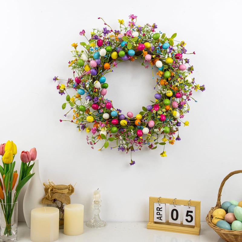 Yawwind 22 Inches Vintage Easter Wreaths for Front Door Farmhouse Easter Wreath Colorful Egg Wreath for Holiday Wall Window Porches Indoor Hanging Decorations - Image 2