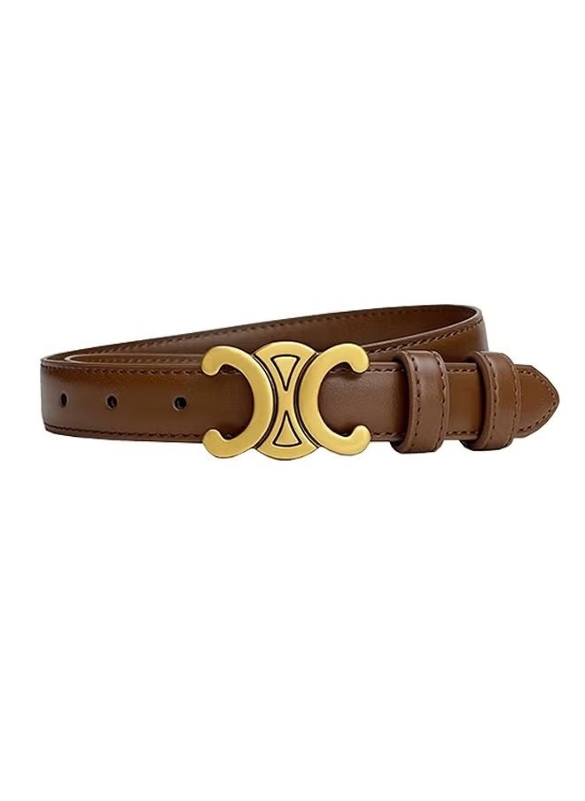 Generic Vintage Belt for Women, Gold Buckle Leather Belt, 0.9" Width Retro Fashion Skinny Thin Waist Belt, Jeans Pants Belt for Women, Brown  - Image 1