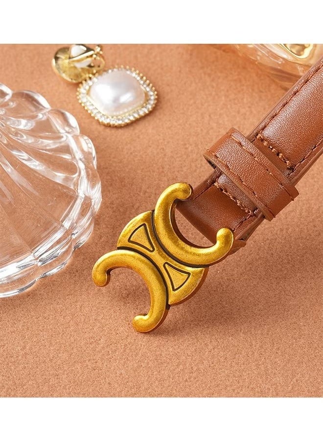 Generic Vintage Belt for Women, Gold Buckle Leather Belt, 0.9" Width Retro Fashion Skinny Thin Waist Belt, Jeans Pants Belt for Women, Brown  - Image 5
