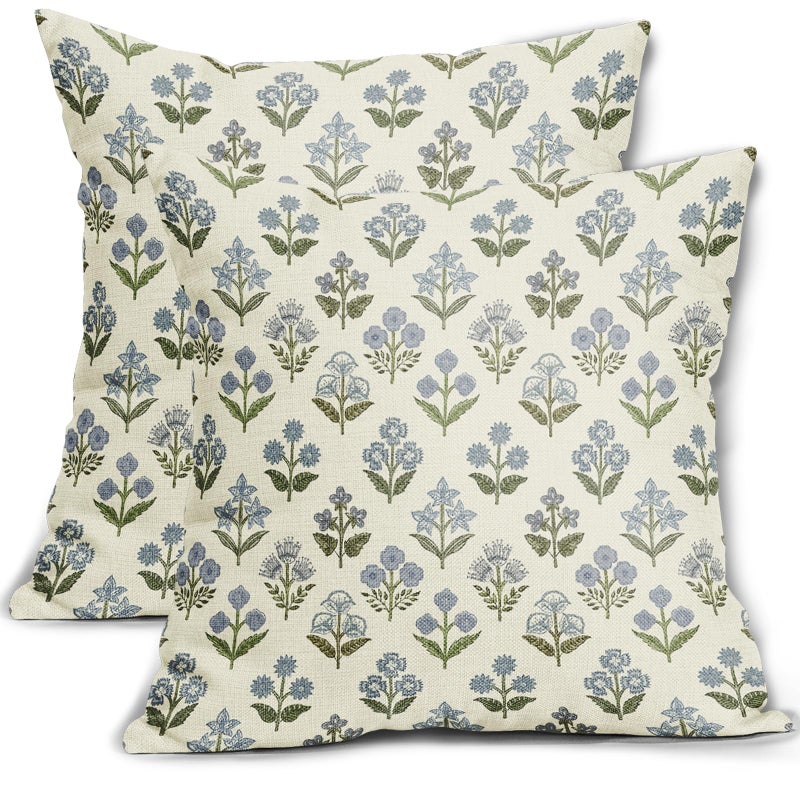 Sivirary Blue Green Block Print Pillow Covers 22x22 Inch Set of 2 Vintage Floral Spring Decorative Throw Pillow Cases Boho Cushion Covers Rustic Decoration Gift Farmhouse Sofa Couch Bed Decor