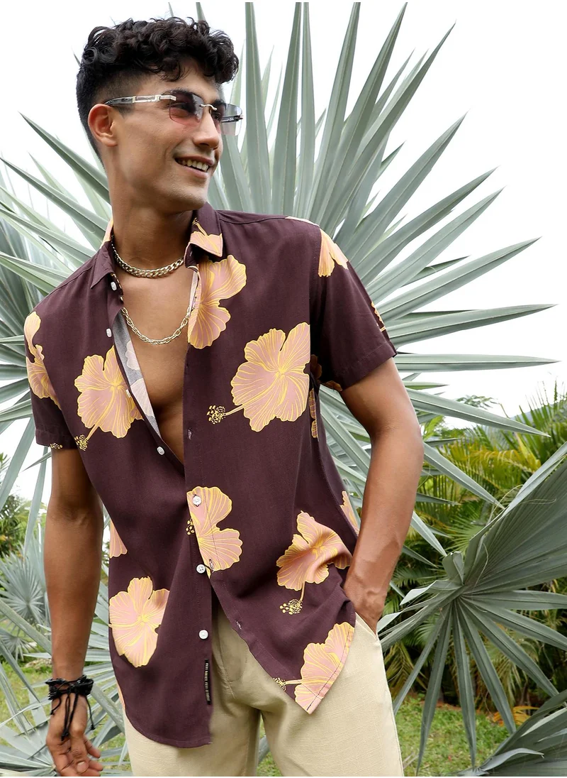 Campus Sutra Men's Brown Hibiscus Print Shirt