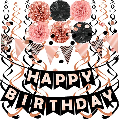 FECEDY Rose Gold Black Theme Happy Birthday Banner Flag Bunting Paper Circle Confetti Garland Swirl Streamers Honeycomb Ball for Birthday Party Decoration - Image 1