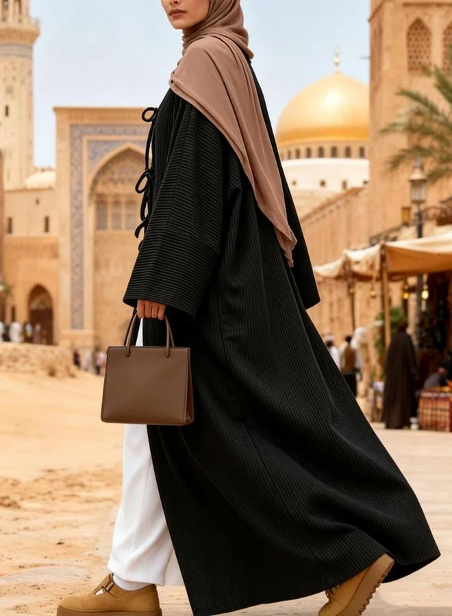 Take Two Black Ribbed Abaya with Tie Front