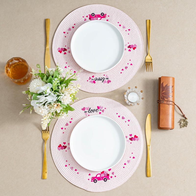 Hoilse Valentine's Day Woven Round Placemats Set of 4,13" Pink Embroidered Braided Place Mats for Dinner Table Decor,Heat Resistant,Non Slip Washable Dinner mats,Home Wedding Holiday Decor. - Image 5