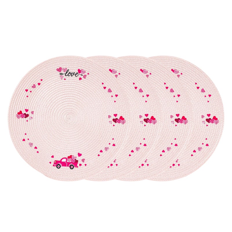 Hoilse Valentine's Day Woven Round Placemats Set of 4,13" Pink Embroidered Braided Place Mats for Dinner Table Decor,Heat Resistant,Non Slip Washable Dinner mats,Home Wedding Holiday Decor. - Image 1