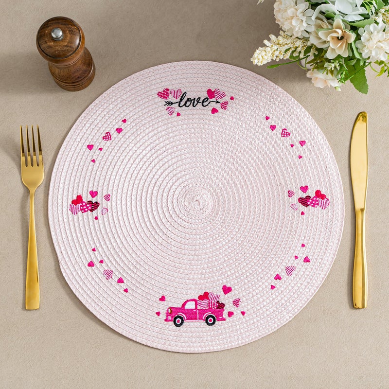 Hoilse Valentine's Day Woven Round Placemats Set of 4,13" Pink Embroidered Braided Place Mats for Dinner Table Decor,Heat Resistant,Non Slip Washable Dinner mats,Home Wedding Holiday Decor. - Image 4