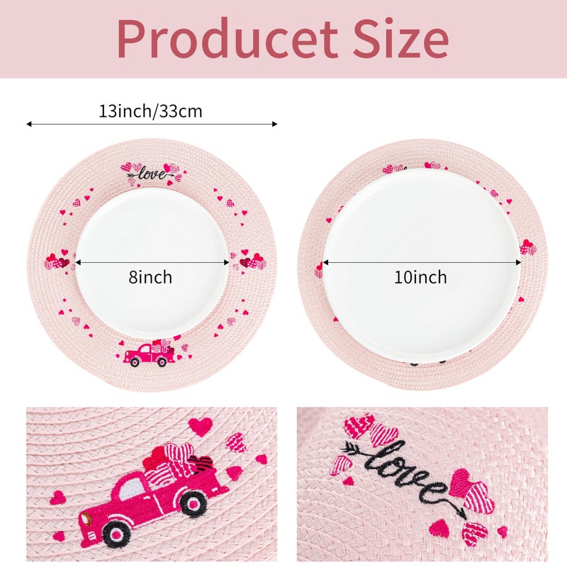 Hoilse Valentine's Day Woven Round Placemats Set of 4,13" Pink Embroidered Braided Place Mats for Dinner Table Decor,Heat Resistant,Non Slip Washable Dinner mats,Home Wedding Holiday Decor. - Image 2