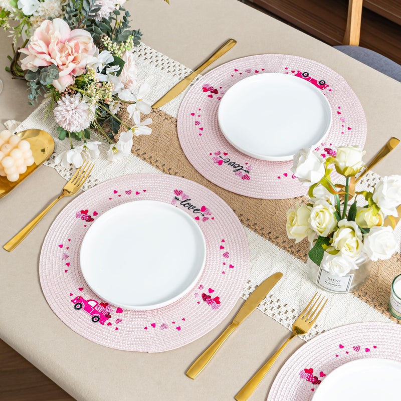 Hoilse Valentine's Day Woven Round Placemats Set of 4,13" Pink Embroidered Braided Place Mats for Dinner Table Decor,Heat Resistant,Non Slip Washable Dinner mats,Home Wedding Holiday Decor. - Image 3