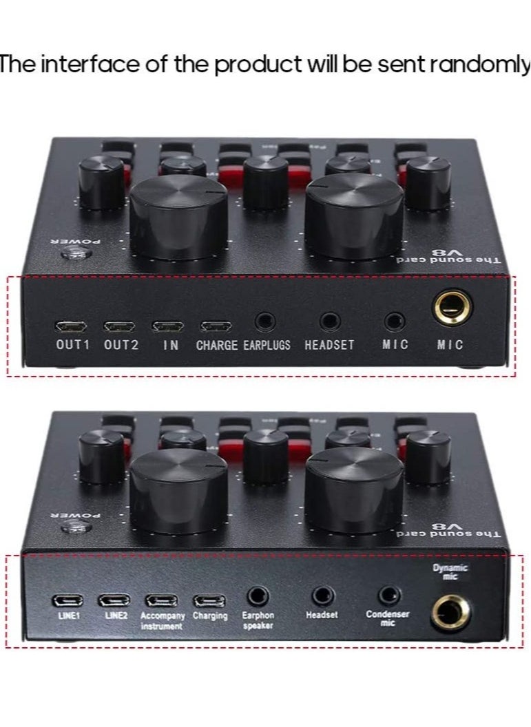V8 Multifunctional Live Sound Card USB Audio Interface Intelligent Volume Adjustable Audio Mixer Sound Card for Recording Hosting Speech