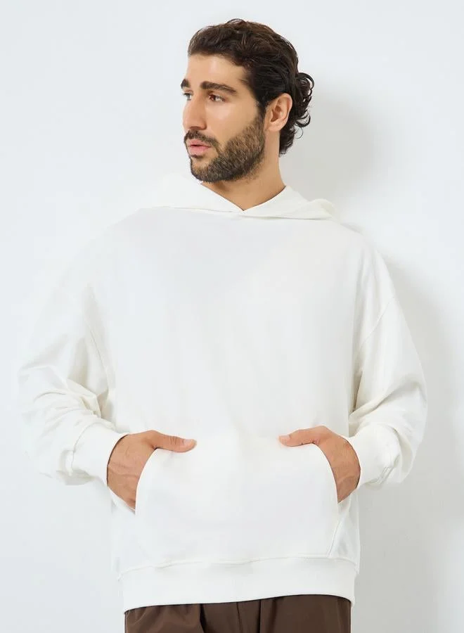 Styli Men Cream Oversized Back Embroidered Fleece Hoodie